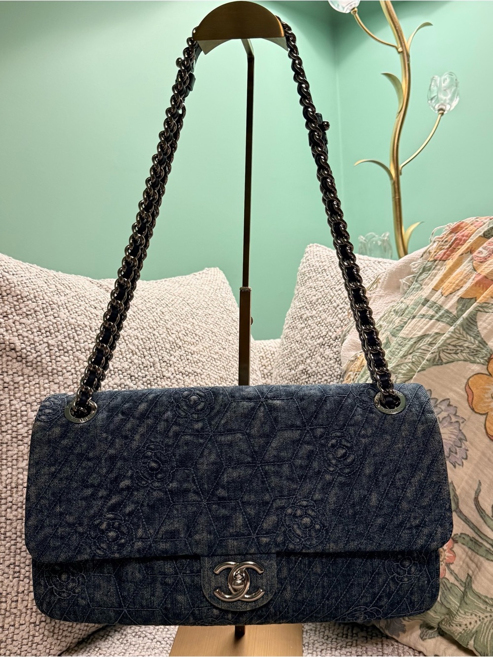CHANEL Blue Denim Quilted Camellia Large Flap Bag